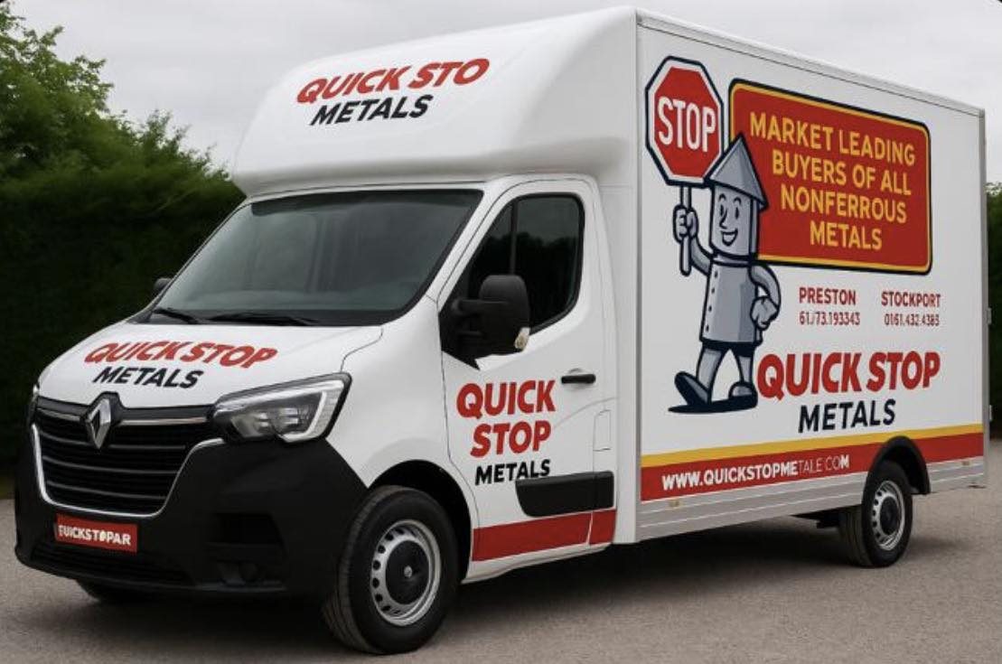 QuickStop Metals scrap metal collection van — free commercial collection across Preston, Stockport, Sheffield