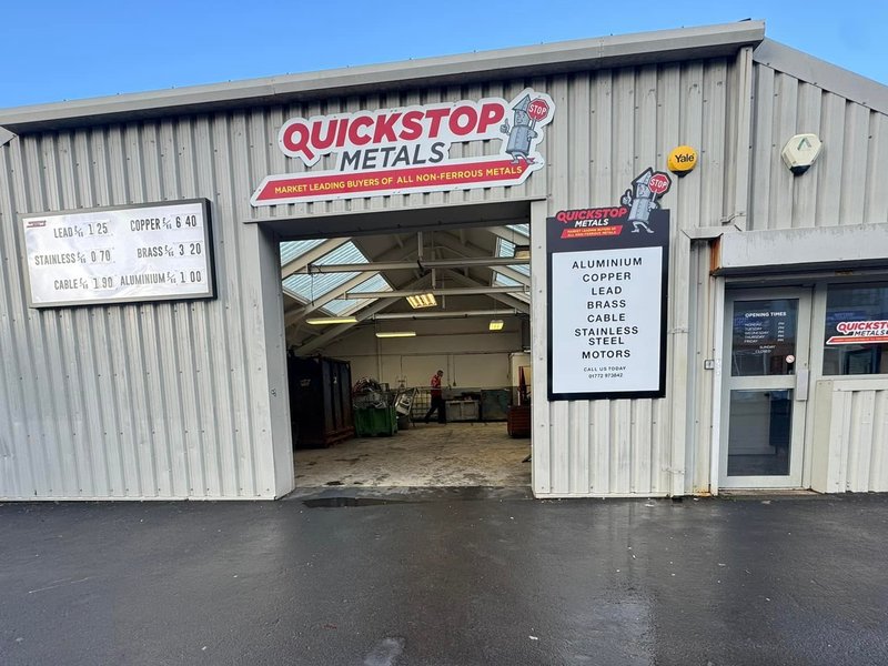 QuickStop Metals Preston scrap yard, 362 Blackpool Road, Fulwood, Lancashire — exterior view with current price board
