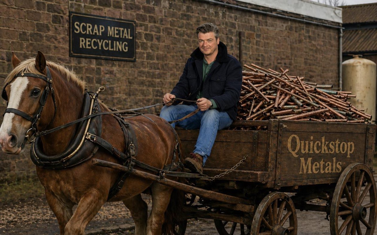 QuickStop Metals — scrap copper pipes loaded onto a horse-drawn cart at our scrap yard